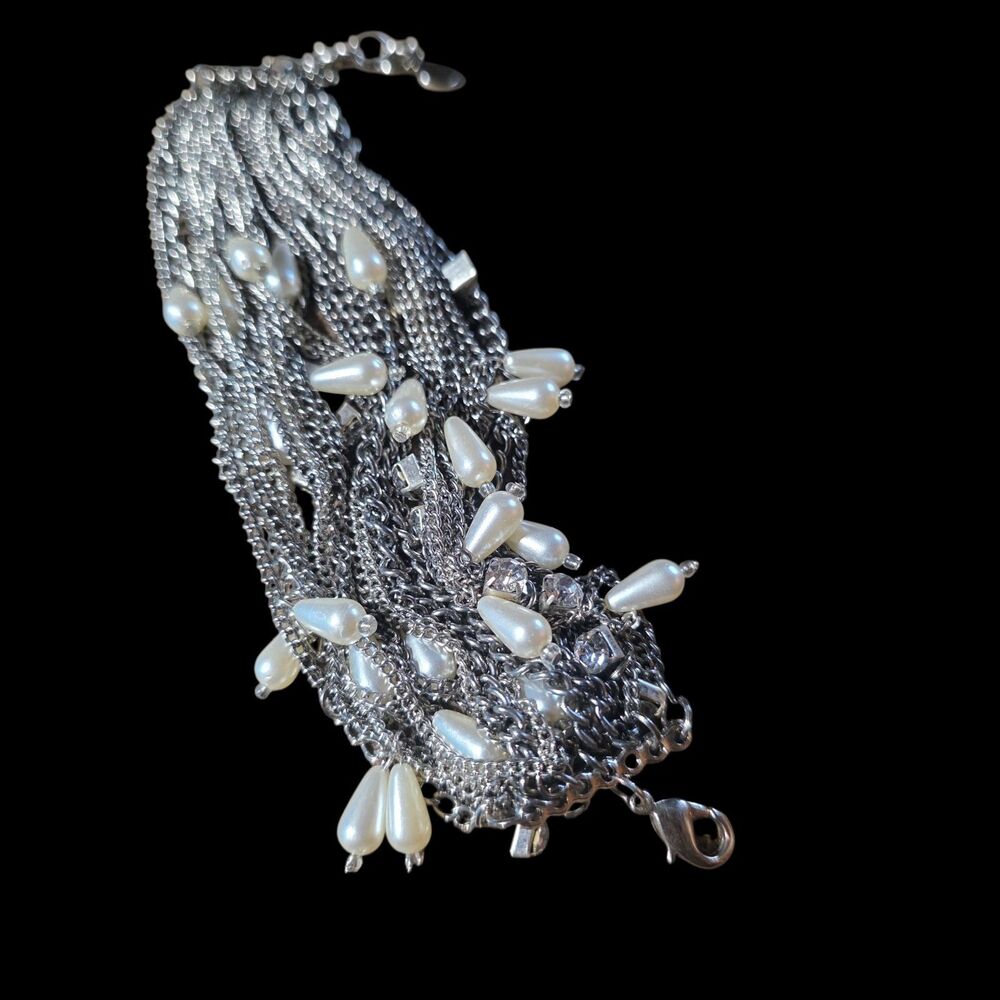 Multi Strand Vera Wang Faux Pearl Rhinestone Bracelet 7-8" Silver Tone
